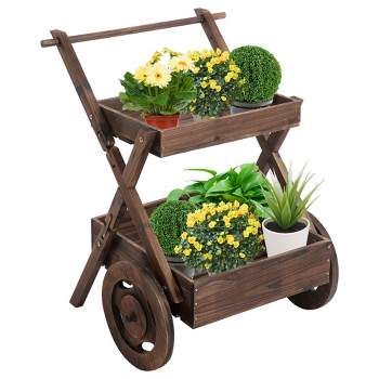Outsunny Outdoor Plant Stand on Wheels with 2 Shelves, Wooden Flower Cart Display Stand, Wagon Decor for Garden, Patio, Balcony, Greenhouse