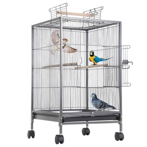 FDW 35 Inch Bird Cage Wrought Iron Flight Cage with Playtime Open Top Rolling Stand Removable Feeder Trays & a Secure Locking System, Black - 1 of 4