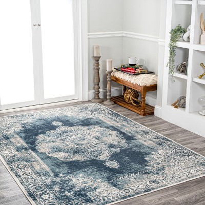 Ivory and Blue Medallion 8' x 10' Synthetic Area Rug