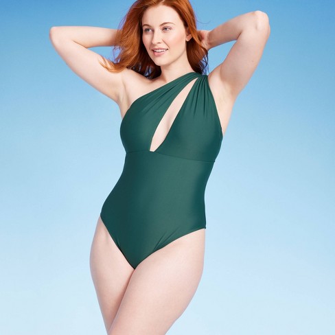 Women's One Shoulder Plunge Cut Out One Piece Swimsuit - Shade & Shore™  Green S