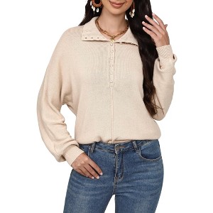 Womens Pullover Sweater Knit with Vintage Pearl Button Tops Polo Neck Ribbed Cuff Long Sleeve Vintage Casual Business Outfits - 1 of 4