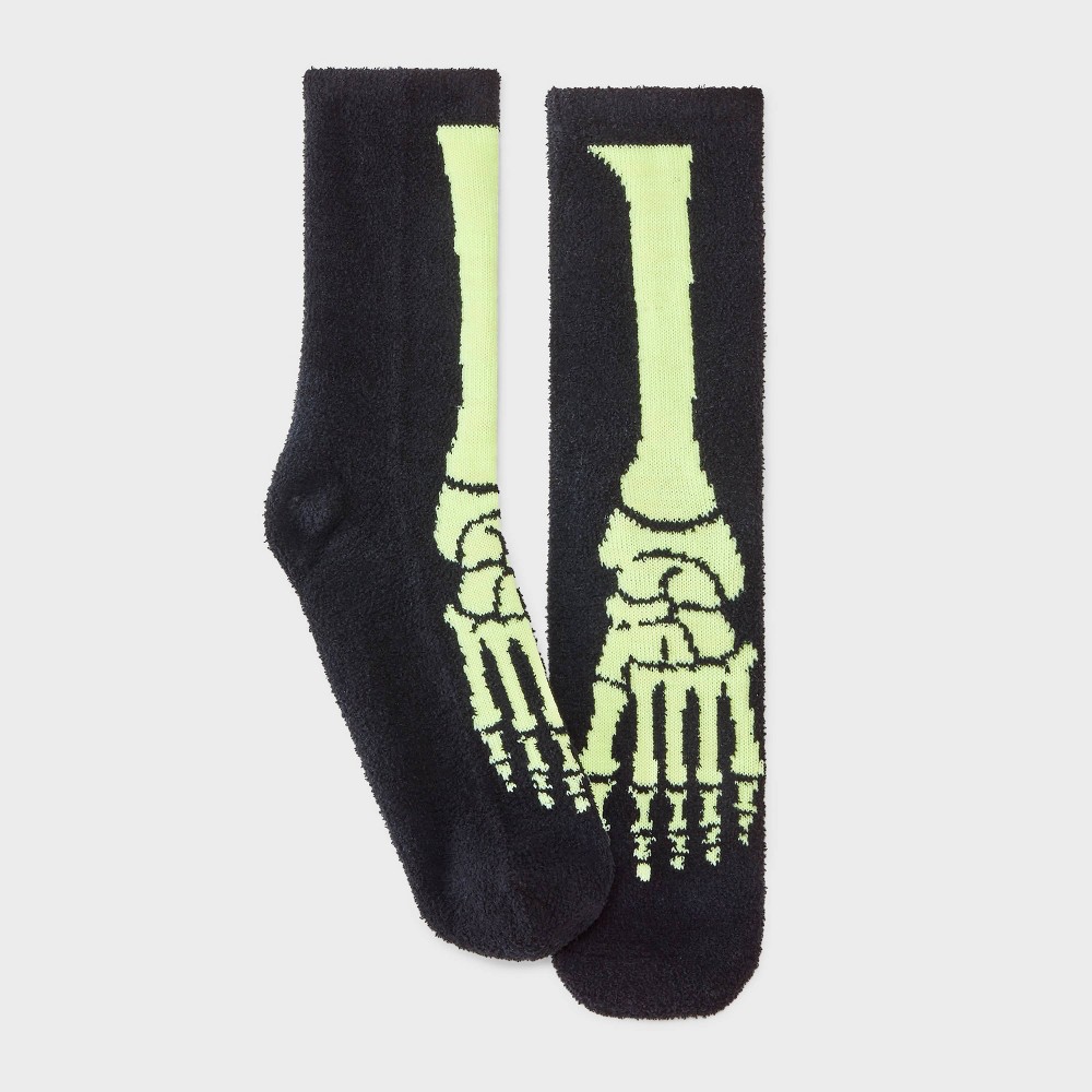 Women Glow-in-the-Dark Skeleton Halloween Cozy Crew Sock - Hyde & EEK! Boutique Black 4-10