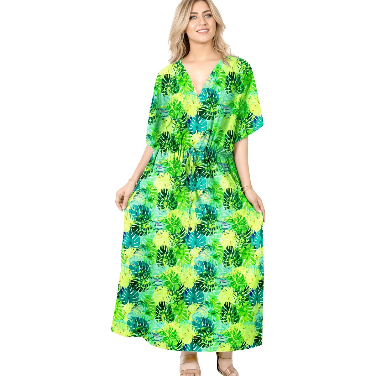 HAPPY BAY Summer Rayon Blend Women Resortwear Maxi Caftan Holiday Vacation Cruise Pregnancy Wear Flowy Lounge Dress 2X-3X Green Leaf
