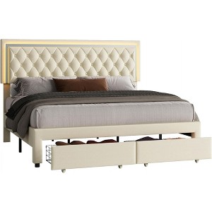 Bed Frame with LED Lights&Storage Drawers, Velvet Upholstered Platform Bed - 1 of 4