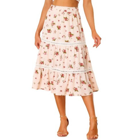 Allegra K Women s Floral Midi Skirts Elastic Waist Tiered Flowy