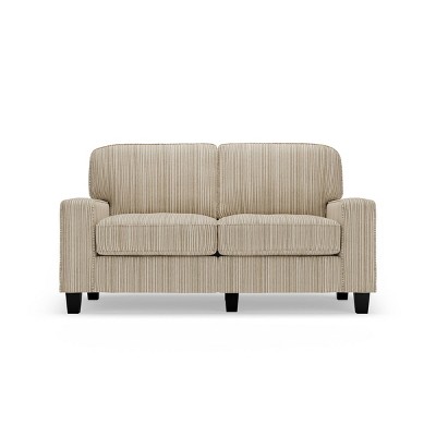 Beige Leather 61" Track Arm Loveseat with Pillow Back