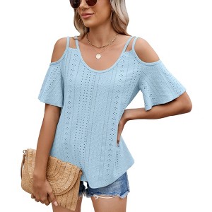 Womens Eyelet  Embroidery Tops Spaghetti Straps Short Sleeve Cold Shoulder Front Knit Casual Summer Lightweight Blouses for Women - 1 of 4