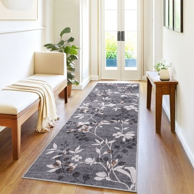 Washable Modern Leaves Printed Rug Non Slip Low Pile Rug Soft Botanical Pattern  Throw Floor Cover Foldable Indoor Carpet for Living Room Bedroom