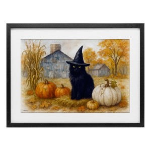 Stupell Industries Witch Cat Autumnal Farm Framed Print Under Glass Art, Black, 20" x 14" - 1 of 4