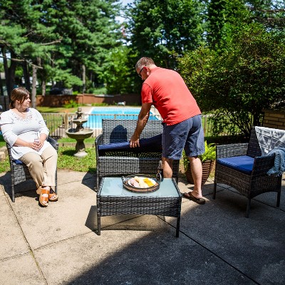 Gray Rattan 4-Piece Patio Set with Navy Cushions