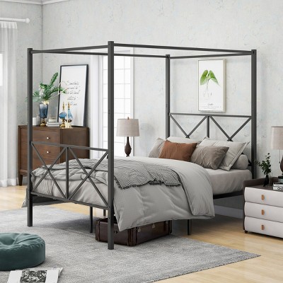 FURNIinspire Beds Full Size Metal Canopy Bed Frame, Vintage Platform Bed with Headboard Footboard, Bedroom Furniture, Black, 77.95"*55"*73.23"