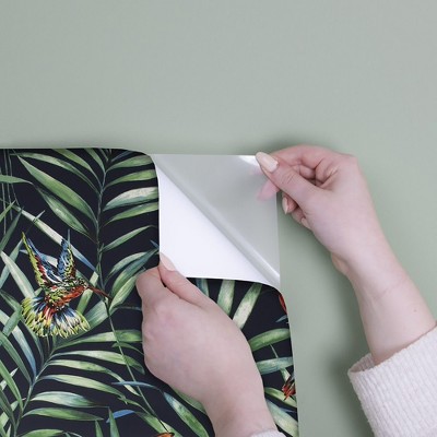 Tropical Birds Black and Green Peel and Stick Wallpaper