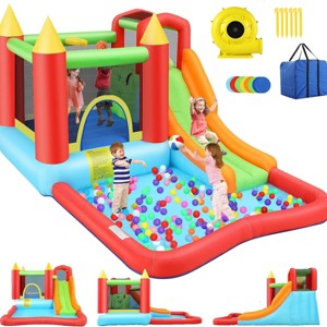 HOMDOX 145" × 102" × 72" Inflatable Bounce House for Kids Fun Jumping Area w/Basketball Hoop Large Pool Long Slide Climbing Wall Air Blower Outdoor - 1 of 4