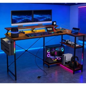 57.9" L Shaped Rustic Computer Desk with Monitor Stand, RGB Lights & Charging Station, Gaming Workstation for Home Office -3irtyhousy - 1 of 4