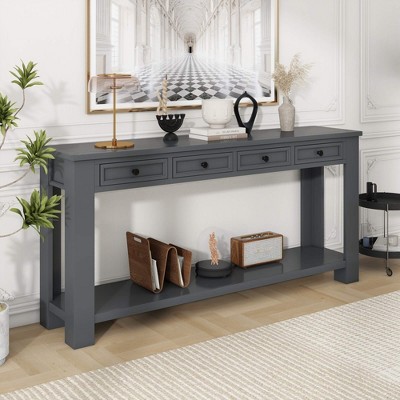 ORRD Rustic Chic Sofa Table with 4 Drawers & Bottom Shelf - 63" Entryway Console Table, Solid Wood, Farmhouse Hallway Storage（Blue）