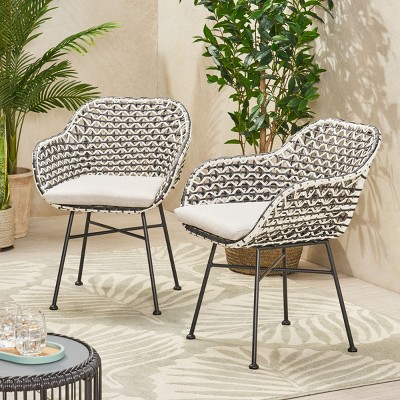 Modern Outdoor Patio PE Rattan Woven Dining Arm Chairs Set of 2,Metal Frame Outdoor Club Armchairs,Fabric Upholstered Kitchen Chair-Coolbibila