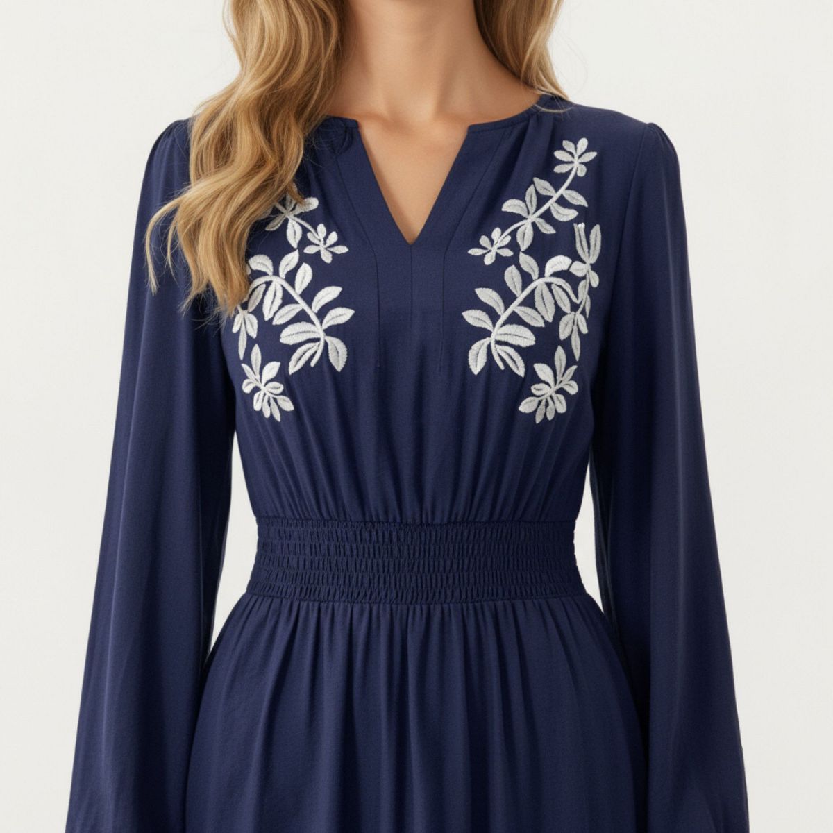 Anna-Kaci Women's Long Sleeve Embroidered Midi Dress with Smocked Waist and V-Neckline - thumbnail 5