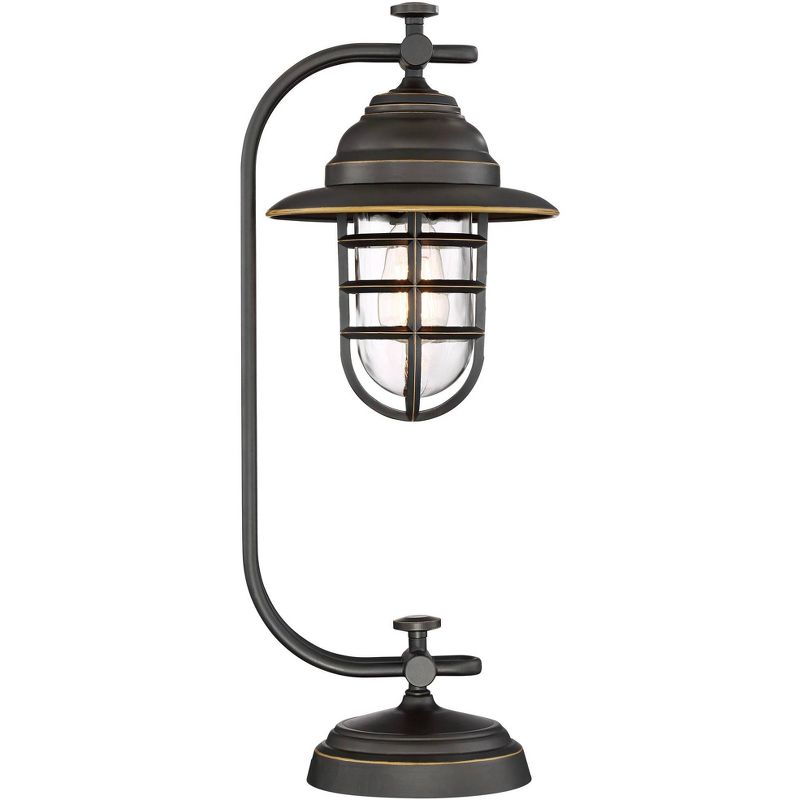Franklin Iron Works Knox Industrial Desk Lamp 24" High Oil Rubbed Bronze LED Cage Glass Shade for Bedroom Living Room Bedside Nightstand Office House, 5 of 10