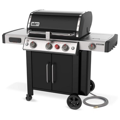 Weber Genesis EX-335 Stainless Steel 3 Burner Natural Gas Grill with Built-In Wheels, Integrated Hooks, Extra Large Prep & Side Table, Black