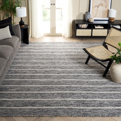 Handmade Black and Ivory Wool Striped 9' x 12' Area Rug
