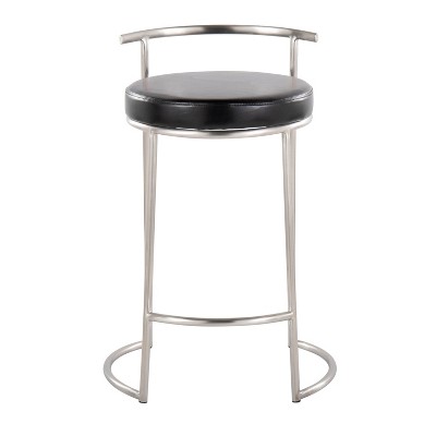 Set of 2 Black Leather and Metal Round Counter Stools