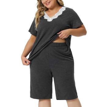 Agnes Orinda Women's Plus Size Short Sleeve V Neck Elastic Waist Pajamas Set 2 Pcs