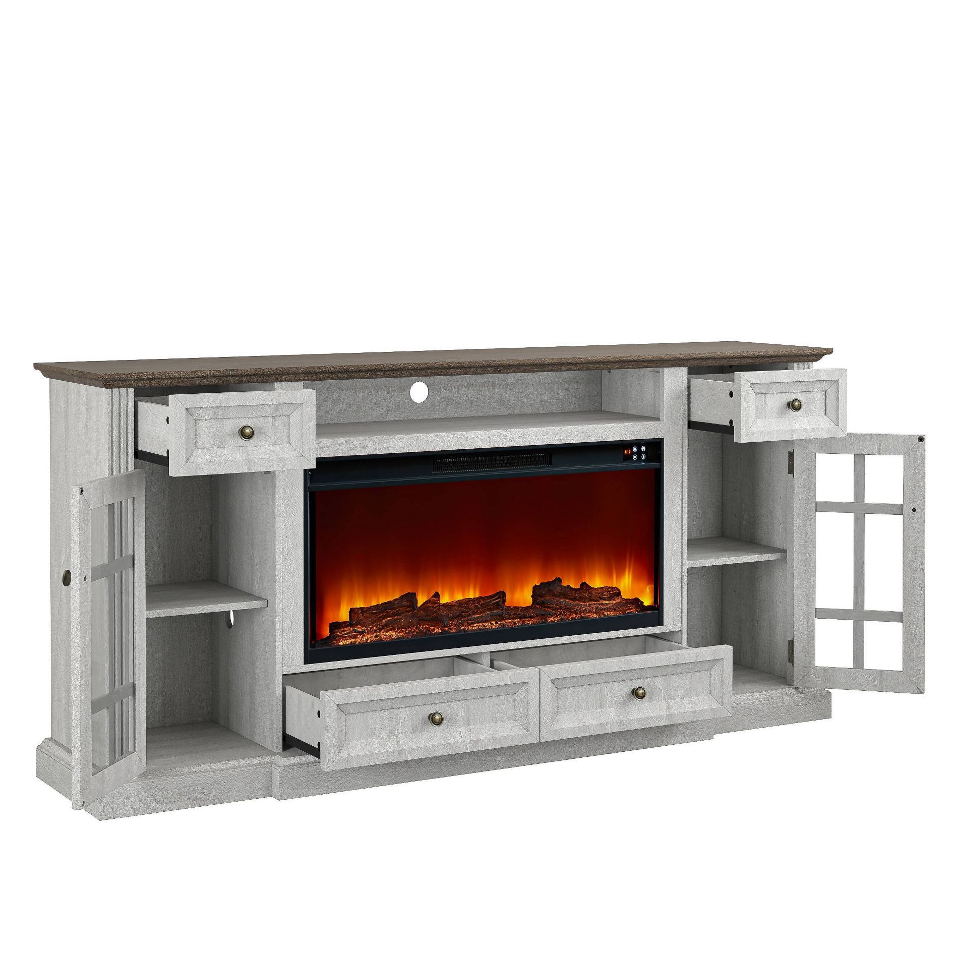 Festivo Farmhouse 73" TV Stand for TVs up to 73" with Fireplace Saw Cut Off White
