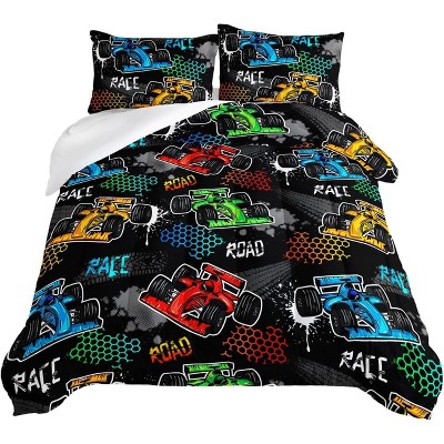 Boersma Child's Cartoon Racing Car Comforter for Boys' Racecar Bed Decor,Colorful Car Pattern Black Comforter Toddler Bedding Set,Cool Extreme Sports