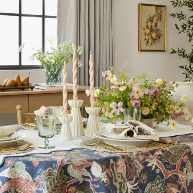 Spring-like tablescape with twisted candle sticks