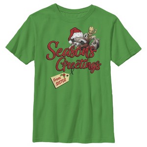 Boy's Marvel Christmas Rocket & Groot Sister Greetings T-Shirt - 1 of 3