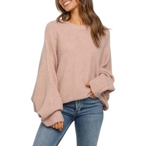 Women's Round Neck Solid Color Loose Knit Sweater Top Casual Pullover Batwing Long Sleeve - 1 of 4