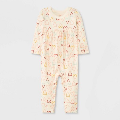 Image of Baby Girls' Heart Jersey Long Sleeve Romper - Cat & Jack™ Cream 0-3M