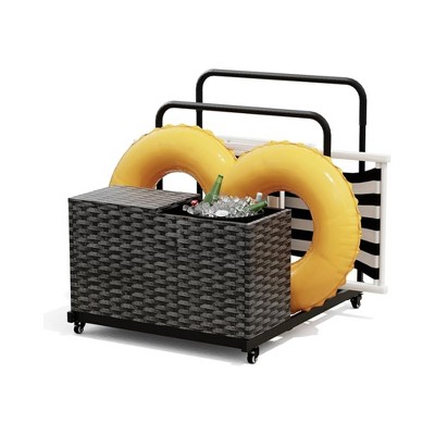 BENCMATE Pool Accessories Pool Deck Storage Box Portable Poolside Float Storage with Rolling Wheels and Basket for Pool Patio, Gray, 39.4"*31.5"*37.6"