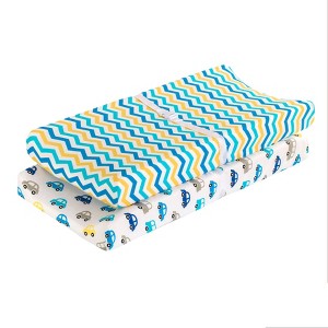 Everyday Kids 2-Pack Baby Boy Changing Pad Covers – 100% Cotton, Soft Jersey Knit, Fits Most Pads – Yellow Car & Blue Chevron Designs - 1 of 4