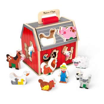 Melissa & Doug Wooden Take-Along Sorting Barn Toy with Flip-Up Roof and Handle - 10pc Wooden Farm
