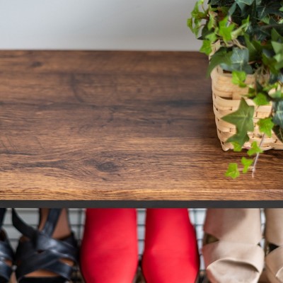 Brown and Black Stackable Wood and Metal Shoe Rack Bench