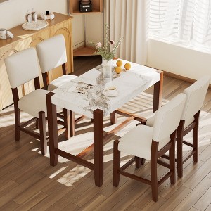 3/5-Piece Counter Height Dining Table Set, Faux Marble Table & Upholstered Chairs with Rubber Wood Legs, Brown - ModernLuxe - 1 of 4