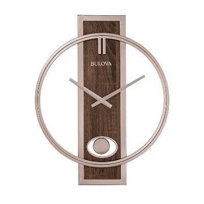 Bulova C4117 Phoenix Minimalist Metal Slow Swing Pendulum Wall Clock with Walnut Finish Center Panel and Metal Case and Hands, Champagne