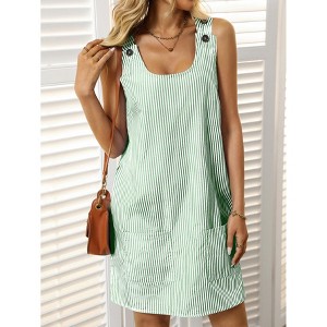 Women's Casual Striped Button Pocket Dress With Round Neck - 1 of 3