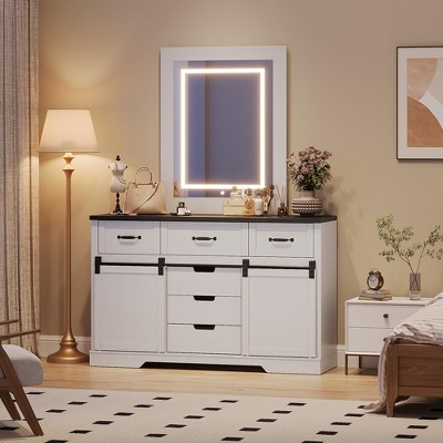 Farmhouse Buffet Cabinet, 47.2” Sideboard Cabinet w/6 Drawer, Rustic Storage Cabinets w/Sliding Barn Door, Coffee Bar