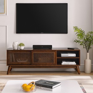VYNXARIA 59 Inch Mid Century Modern Rattan TV Stand for 65 Inch TV, Entertainment Cabinet, Solid Wood Feet & Rattan Cabinet Doors,Dark Wood - 1 of 4