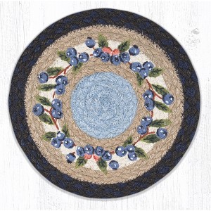 Earth Rugs Round Jute Trivet 10"x10" – Blueberry Vine Print with Braided Natural Design - 1 of 3