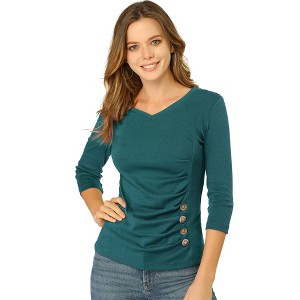 INSPIRE CHIC Women's V Neck 3/4 Sleeves Solid Knitted Buttons Decor Ruched Blouse - 1 of 4