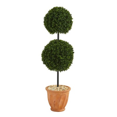 Nearly Natural 46" Indoor/Outdoor Boxwood Double Ball Artificial Topiary Tree in Planter Terra Cotta