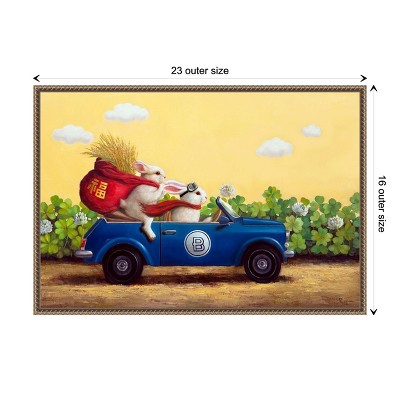Whimsical Bunnies in Blue Car Framed Canvas Print