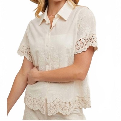 Women's Cotton Embroidered Lace Trimmed Button Shirt - BluIvy
