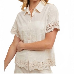 Women's Cotton Embroidered Lace Trimmed Button Shirt - BluIvy - 1 of 4
