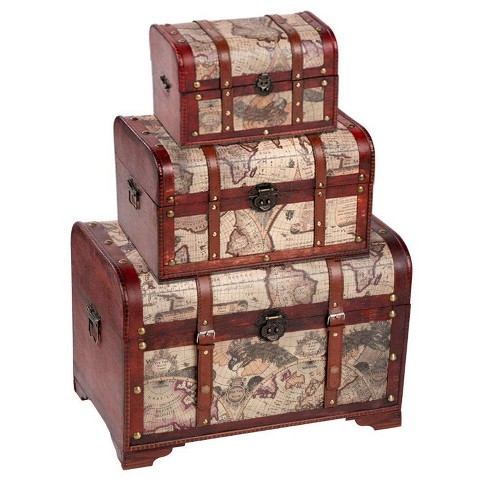 Decorative Wood Storage Trunk Antique Style Set of 2 Wooden Treasure Chest Box 