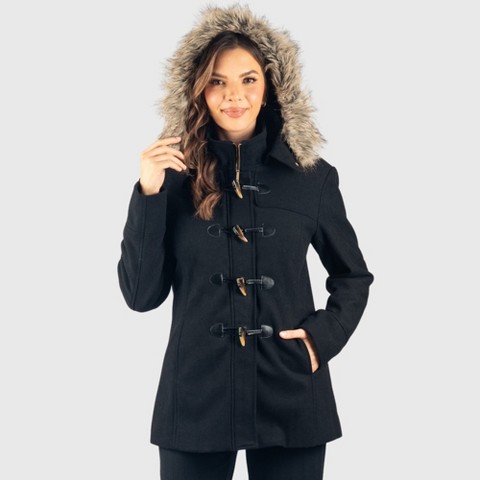 Alpine Swiss Duffy Womens Wool Blend Toggle Coat Removable Faux Fur Hood Classic Duffle Overcoat Warm Winter Jacket BLK M