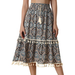 Allegra K Women's Vintage Printed Elastic Waist Tiered Tassel Fringe Midi Skirt - 1 of 4